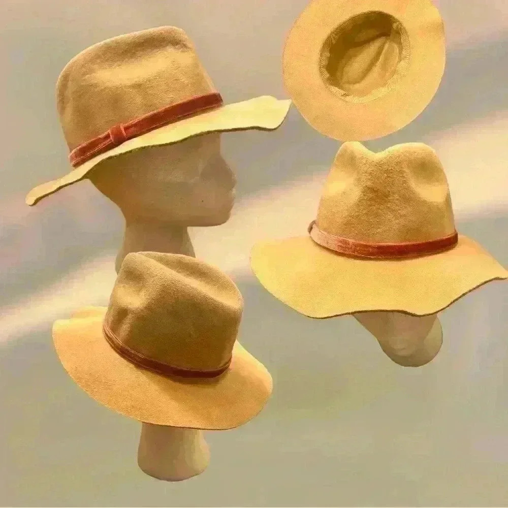 100% Wool Felt Hat, Camel Brown with Velvet Rose Trim Accent